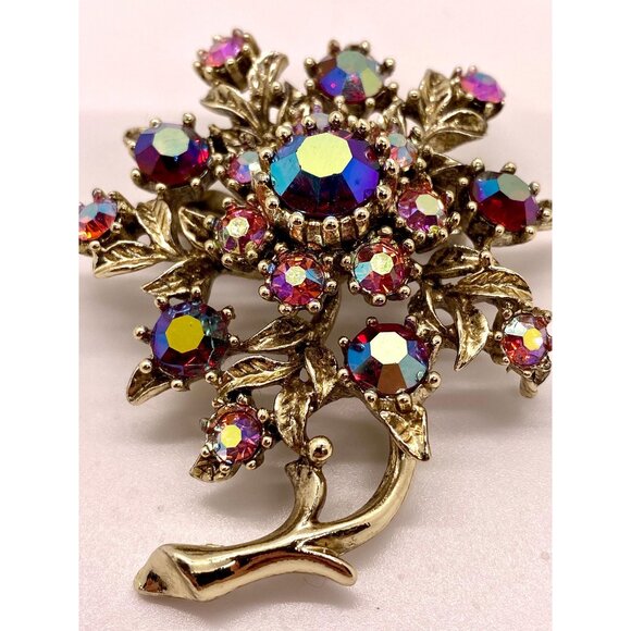 Vintage Aurora Borealis Floral Brooch, Iridescent Rhinestone Flower Pin, Antique - Picture 1 of 5